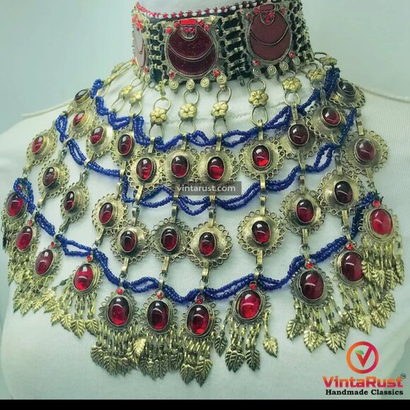 Red Choker Necklace, Vintage Layered Oversized Necklace With Red Glass Stones, - Picture 3 of 10